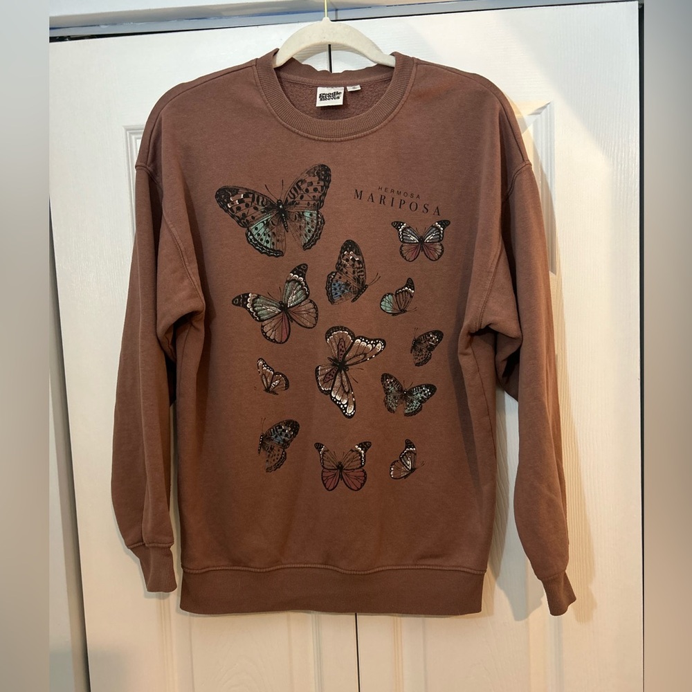 Goodie Two Sleeves Butterfly Sweatshirt XS Brown Hermosa Mariposa Graphic